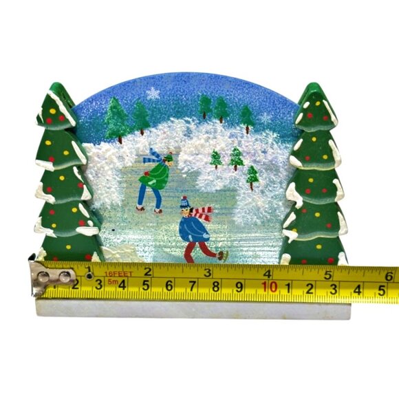 Christmas Winter T-Lite Holder Ice Skaters Wooden Vintage Ewes View w Lite & Box - Picture 9 of 10